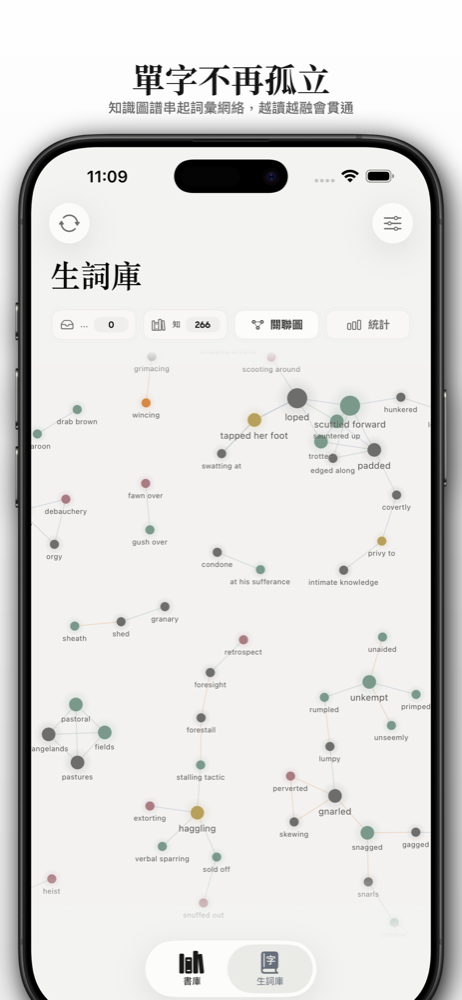 Books & Vocab iPhone 知識圖譜畫面，單字以關聯網絡呈現